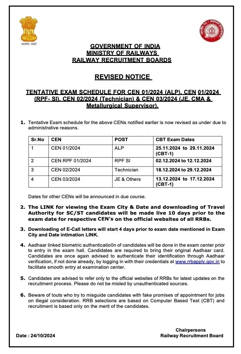 RRB Annual Calendar 2024 Notice